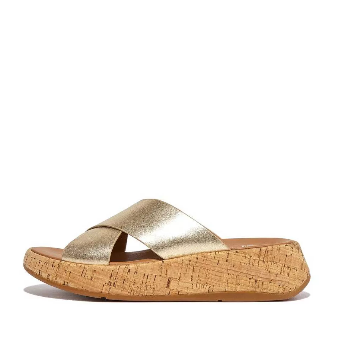 Shop Fitflop F-Mode Metallic Leren Kurk Flatform Kruisslippers